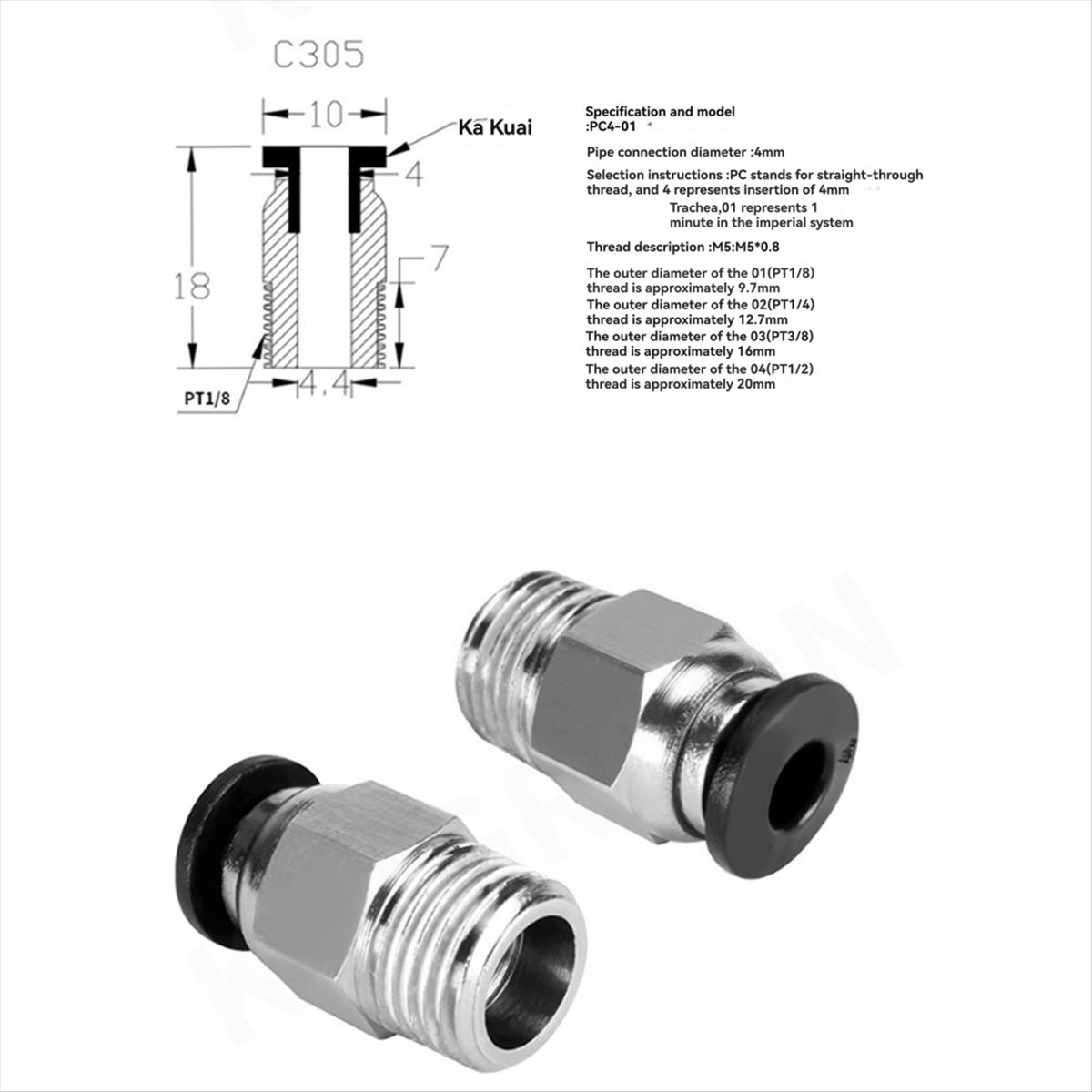 Ptfe Tube - 【A60I】 Raccord pneumatique droit mâle PC4-M10